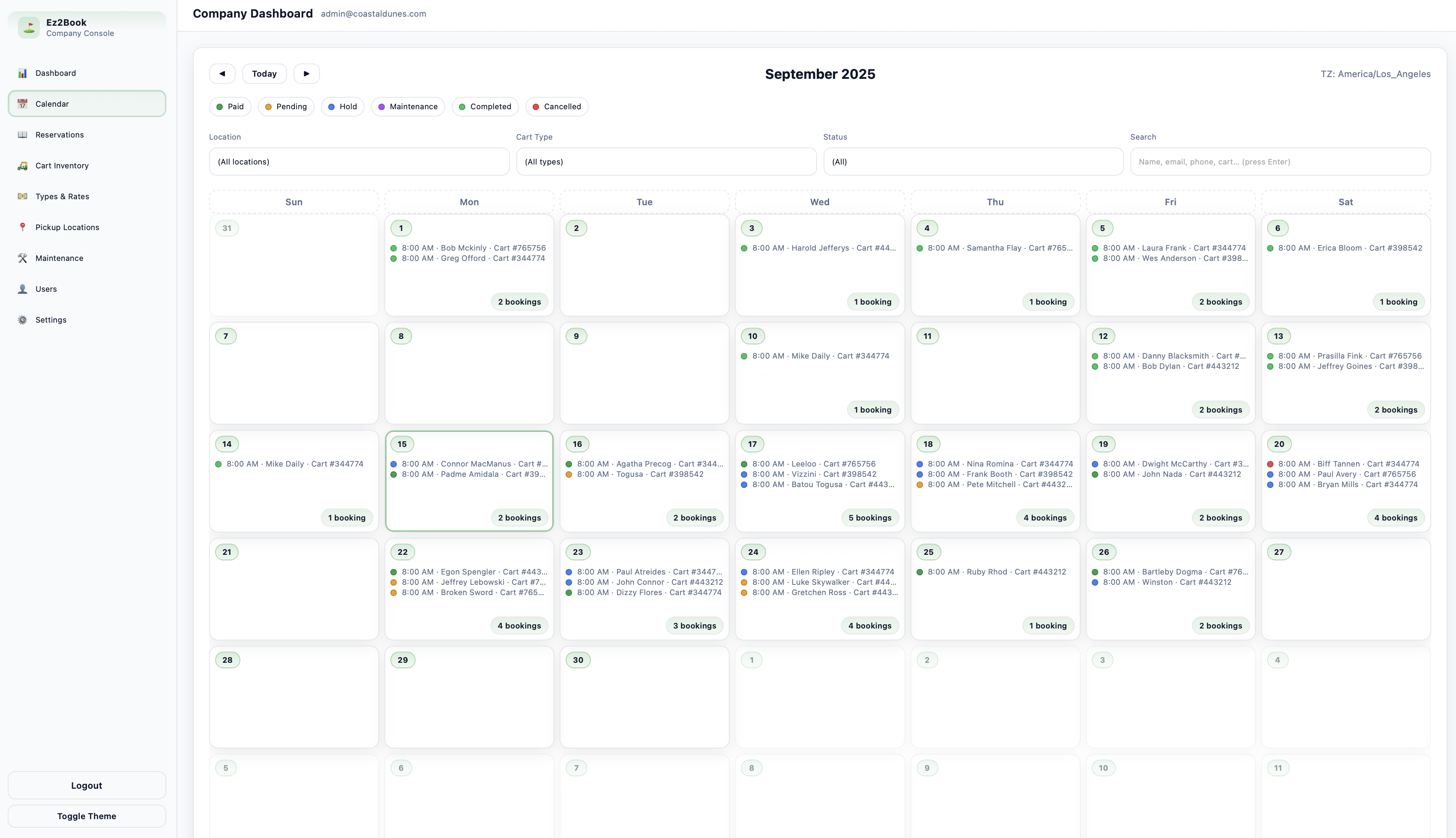 EZ2Book calendar showing reservations and availability