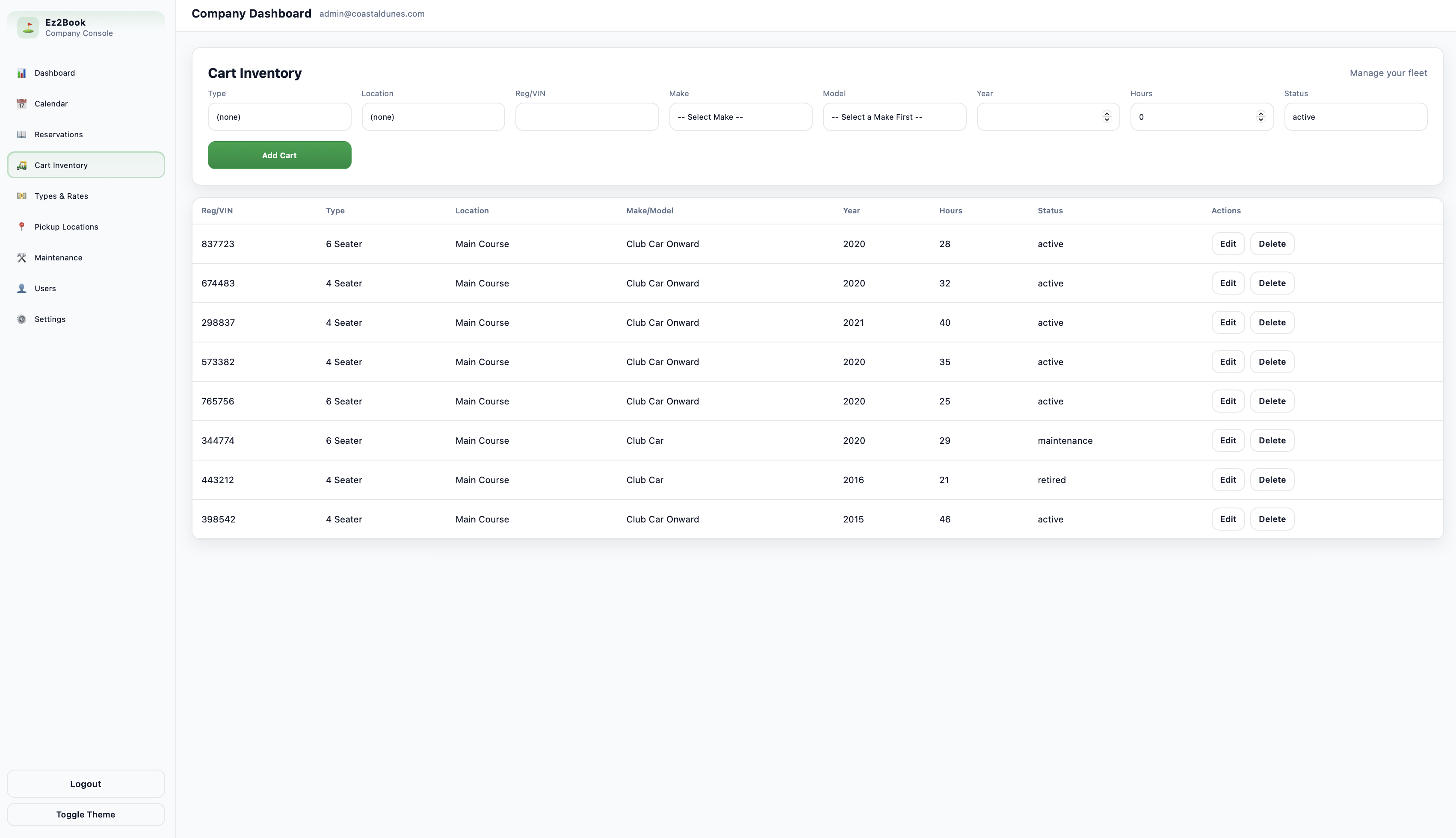 EZ2Book fleet management dashboard